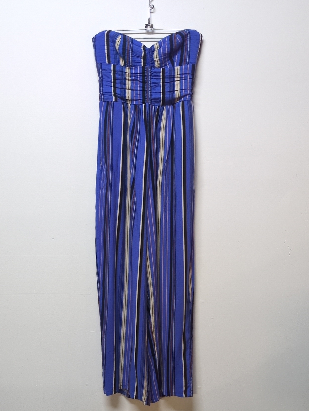 Band of Gypsies Strapless Jumpsuit Black & Blue Stripe Wide Leg Flowy Size Small